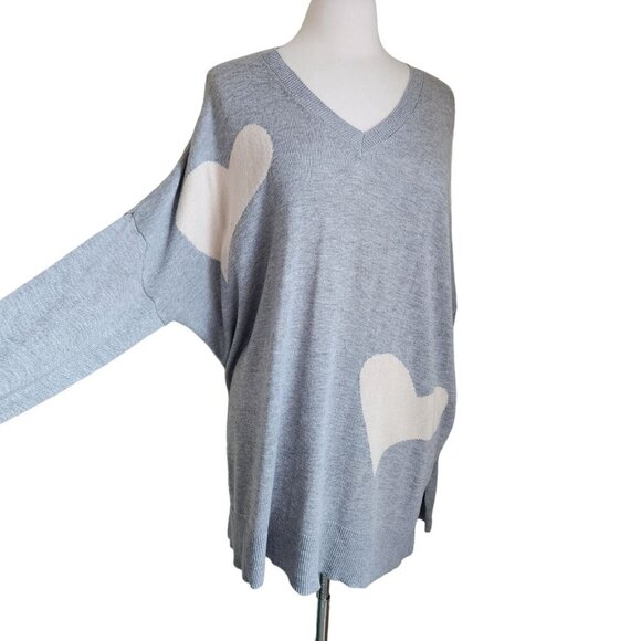 Laurie Felt Sweater XL Cashmere Blend Intarsia V-Neck Heather Grey Hearts - Picture 2 of 15